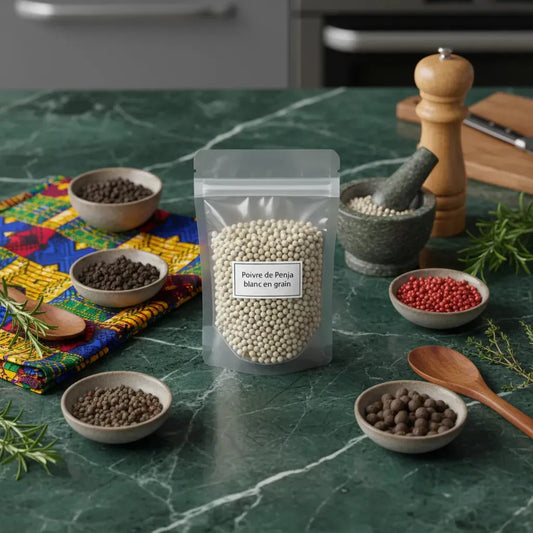 Poivre de Penja blanc en grain présenté sur table de cuisine avec autres épices, parfait pour assaisonnement raffiné et authentique.
