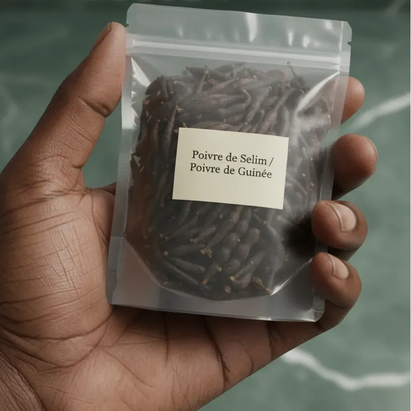 Main tenant un sachet de Poivre Selim Africain, format pratique pour conserver la fraîcheur de cette épice aux notes boisées et citronnées.