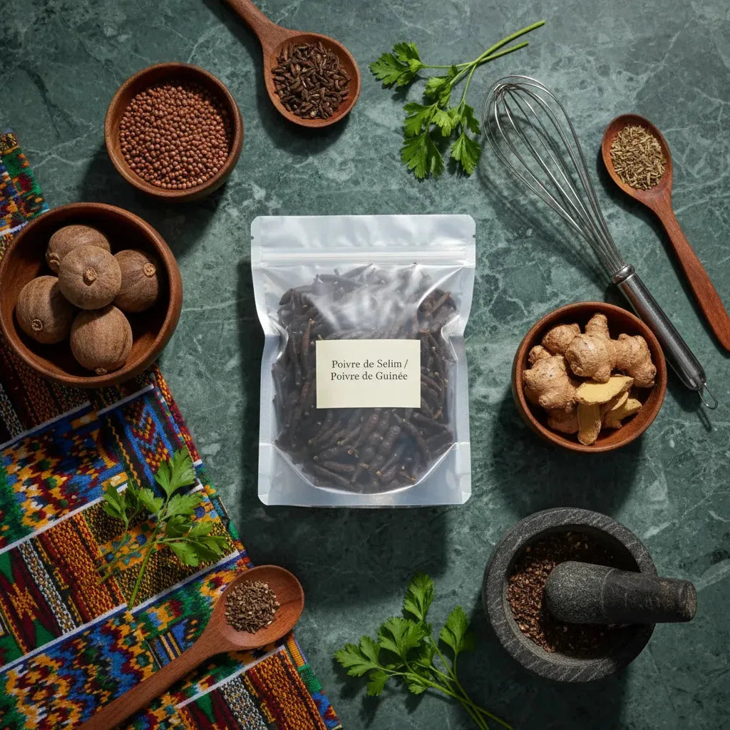 Poivre de Guinée dans un sachet au centre d'ingrédients africains, parfait pour rehausser vos plats avec une touche épicée et aromatique.