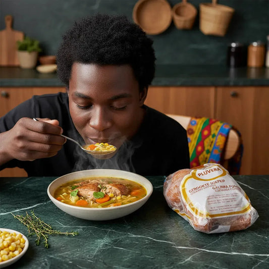 Homme dégustant une soupe chaude préparée avec de la poule fumée Pluvera, viande de volaille fumée surgelée au goût boisé.