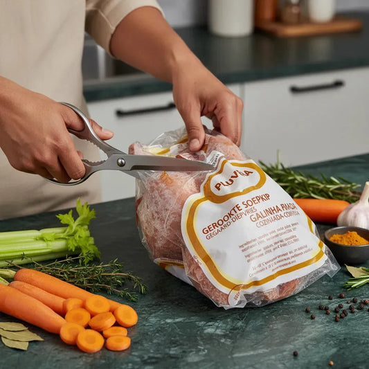 Découpe de l'emballage de la poule fumée surgelée Pluvera sur un plan de travail avec légumes frais, idéale pour recettes maison.