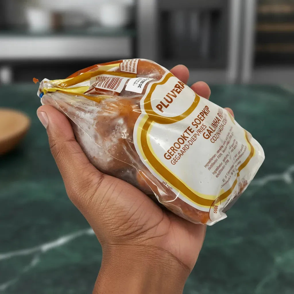 Main tenant une poule fumée surgelée Pluvera, volaille prête à cuisiner, parfaite pour plats traditionnels et riches en saveurs.