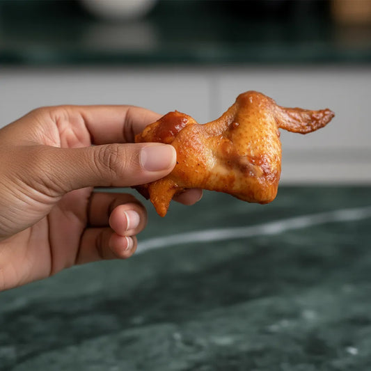 Main tenant une aile de poulet fumée, montrant sa texture tendre et dorée. Produit de volaille prêt à déguster, goût riche.