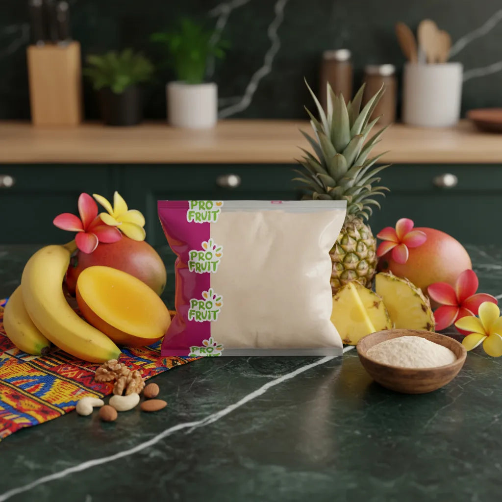 Sachet de poudre d'amande PROFRUIT posé sur table avec fruits tropicaux, parfait pour recettes sucrées et plats exotiques maison.