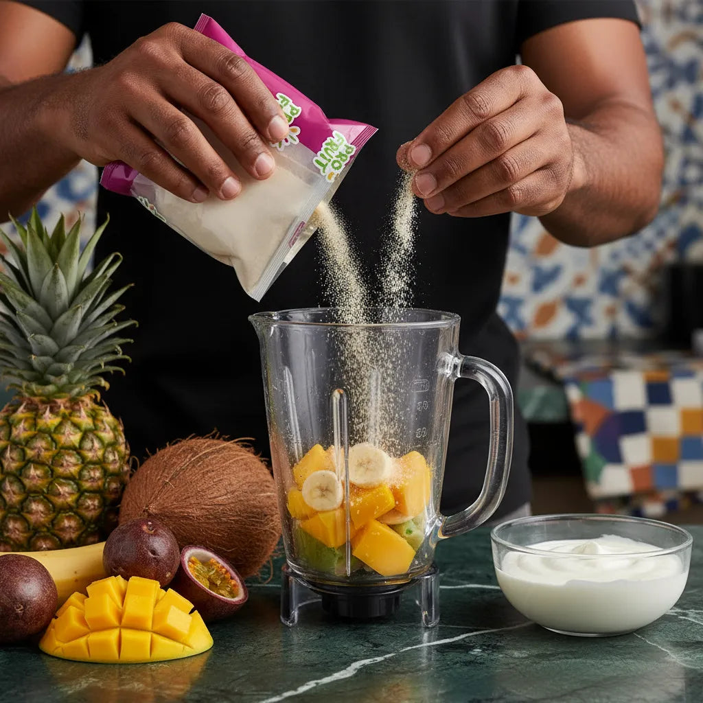 Utilisation de la poudre d'amande PROFRUIT dans un blender avec fruits exotiques pour smoothies gourmands, ingrédient de cuisine saine.