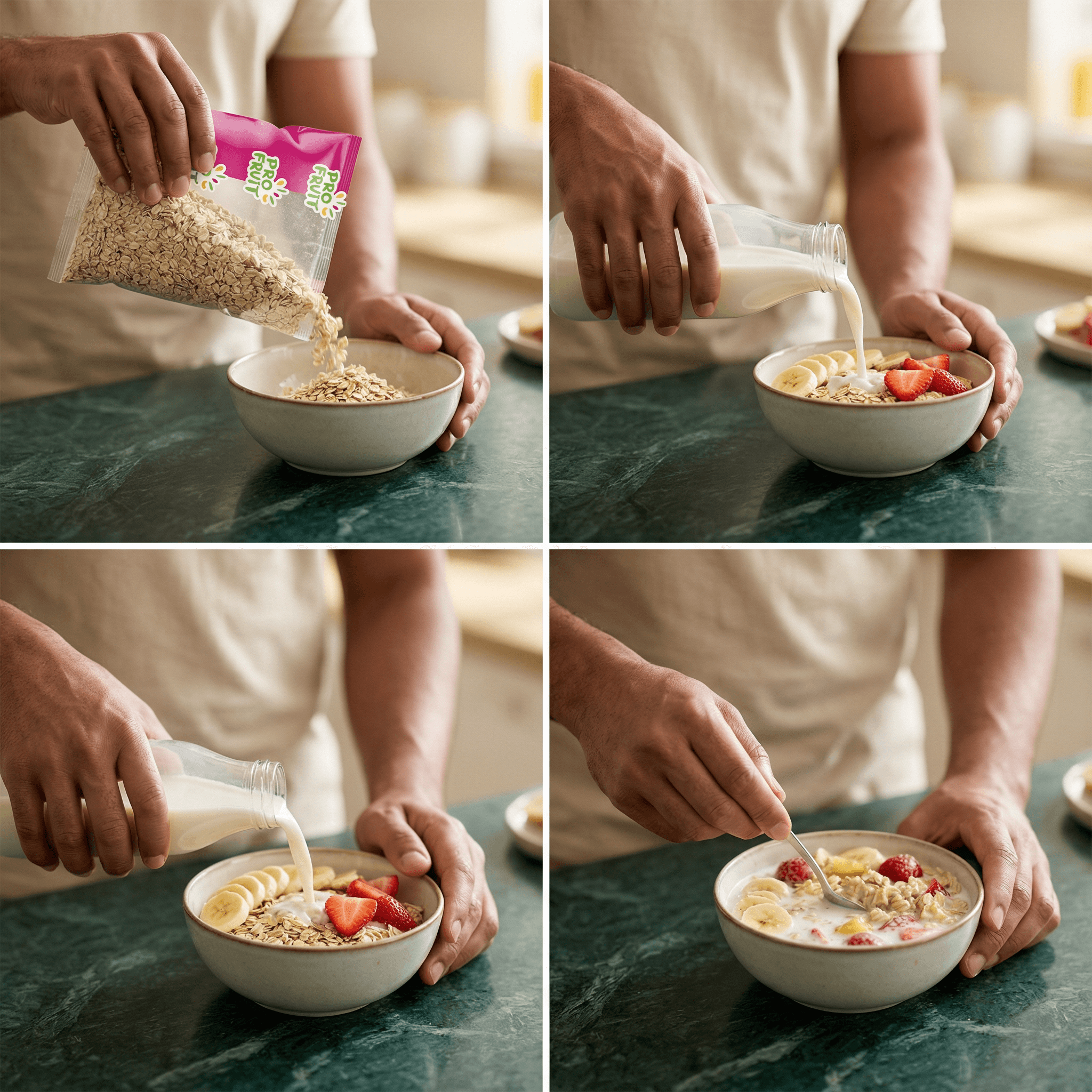 Préparation d’un bol de porridge avec flocons d’avoine PROFRUIT, lait et fruits frais, parfait pour un petit déjeuner équilibré.