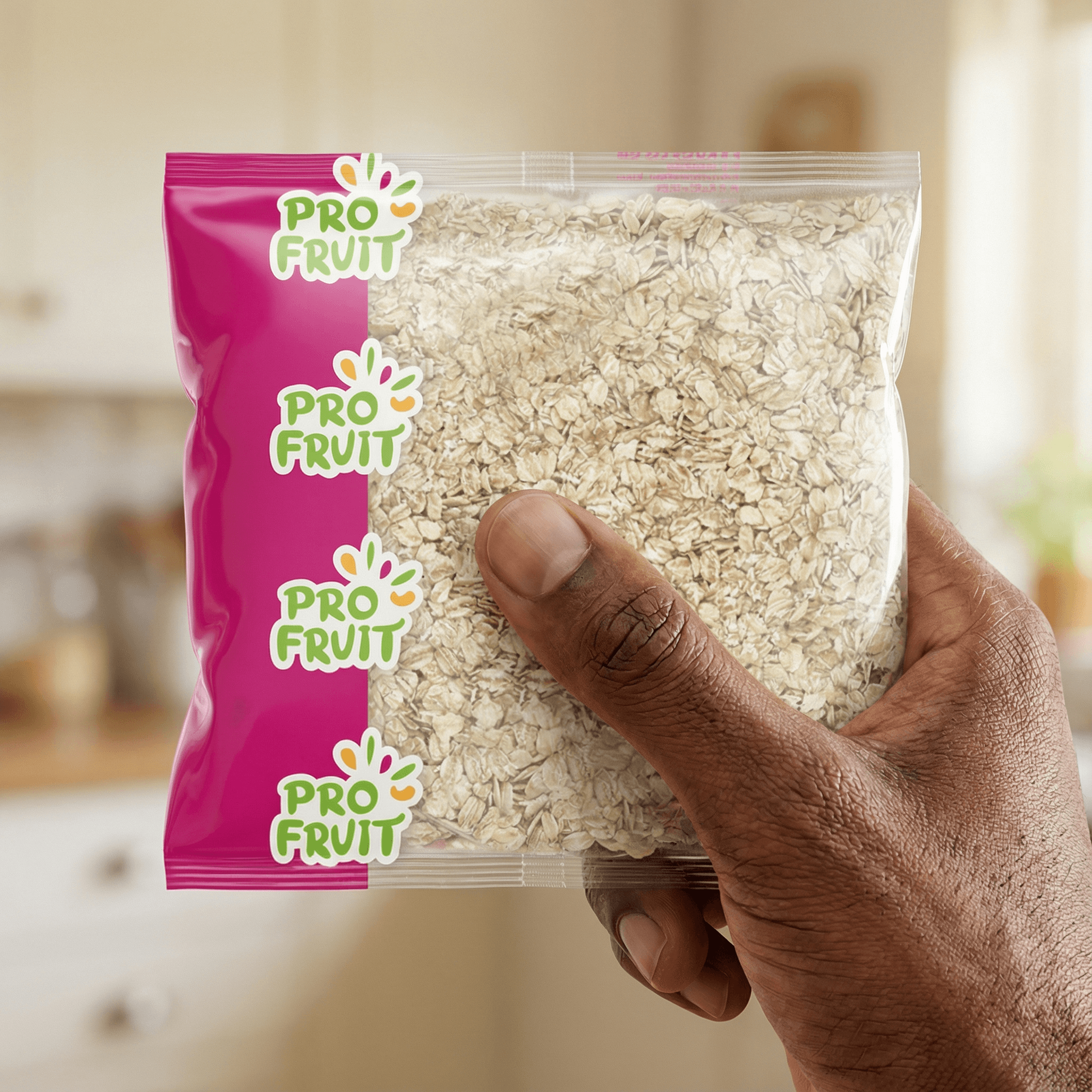 Main tenant un sachet de flocons d’avoine PROFRUIT, céréales riches en fibres et protéines pour une alimentation saine au quotidien.