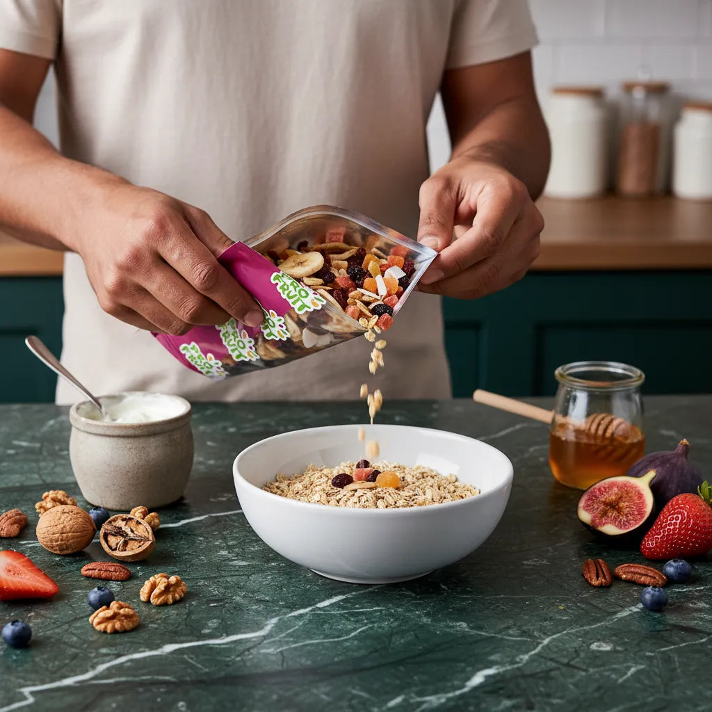 Main versant le mélange exotique PROFRUIT dans un bol de céréales, avec fruits, yaourt et miel en arrière-plan pour un petit-déjeuner nutritif.