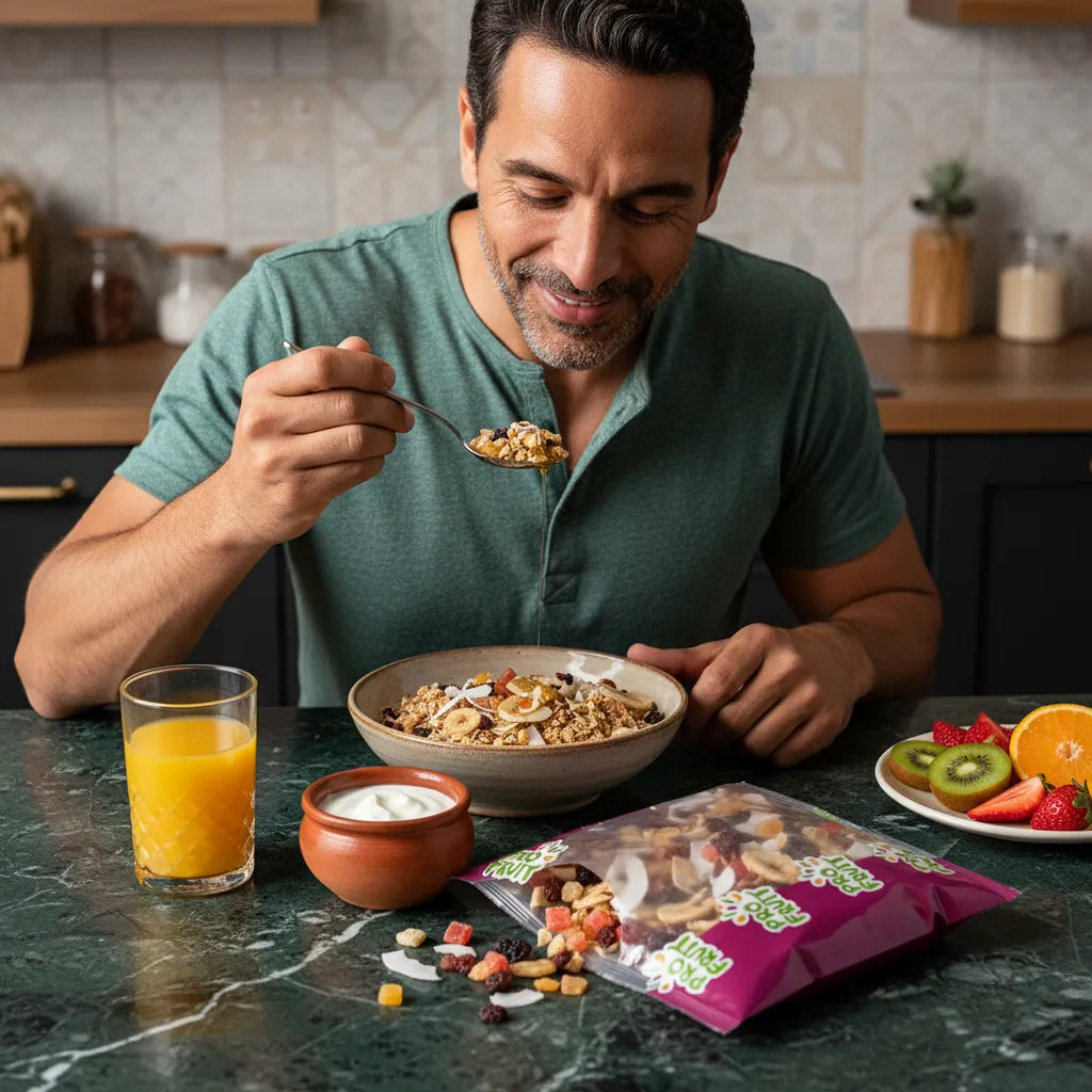 Homme dégustant un petit-déjeuner sain avec le mélange exotique PROFRUIT, accompagné de fruits frais, yaourt et jus d’orange sur une table.