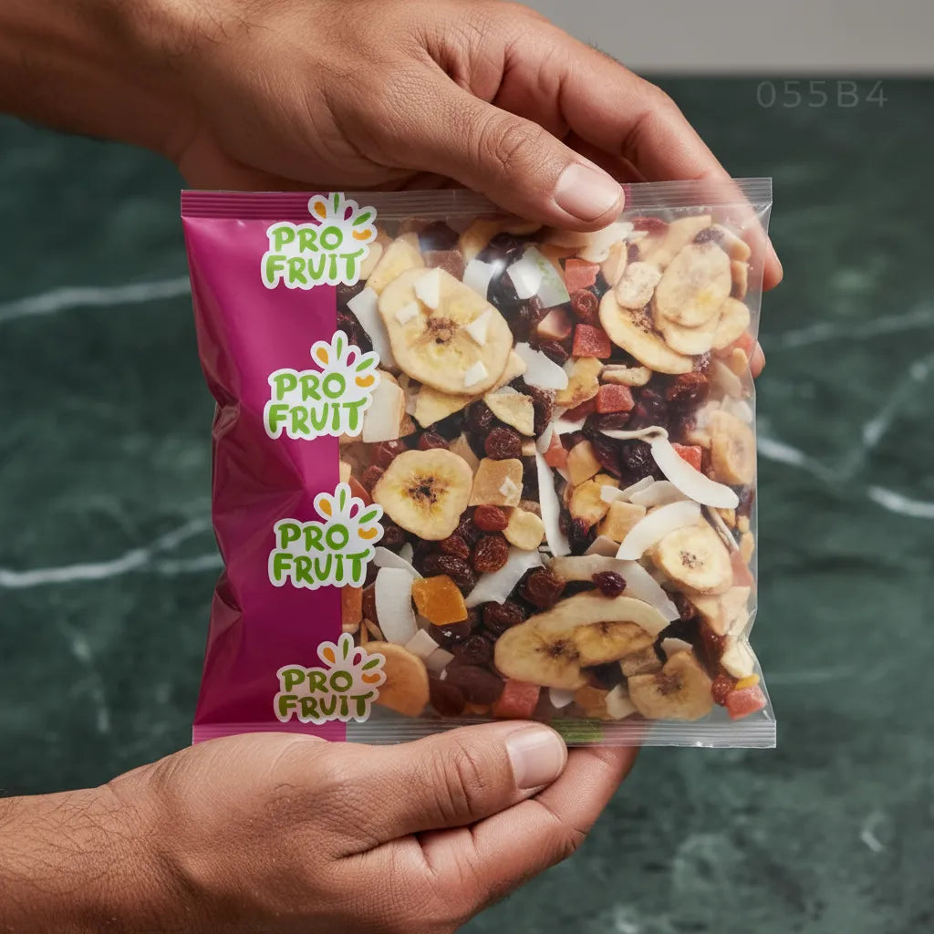 Gros plan sur un sachet de PROFRUIT Mélange Exotique tenu à deux mains, mettant en valeur les fruits secs exotiques à travers l'emballage transparent.
