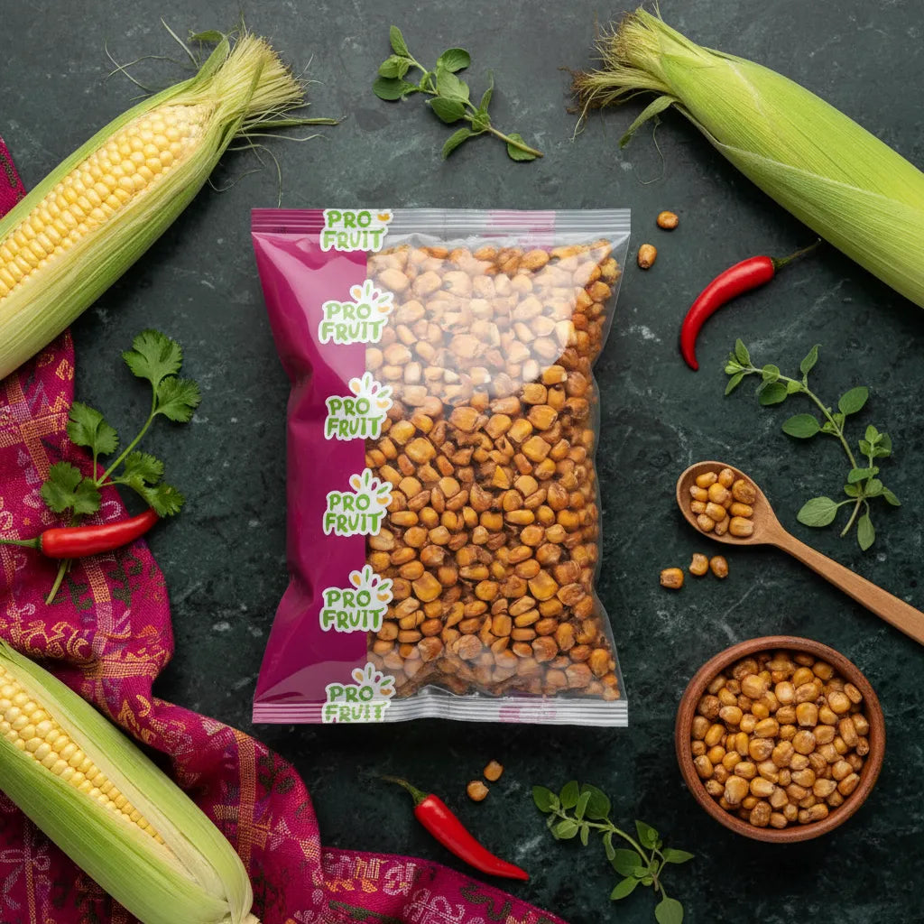 Sachet de maïs grillés salés PROFRUIT entouré d’ingrédients frais comme maïs, piment et coriandre, snack croquant et savoureux.