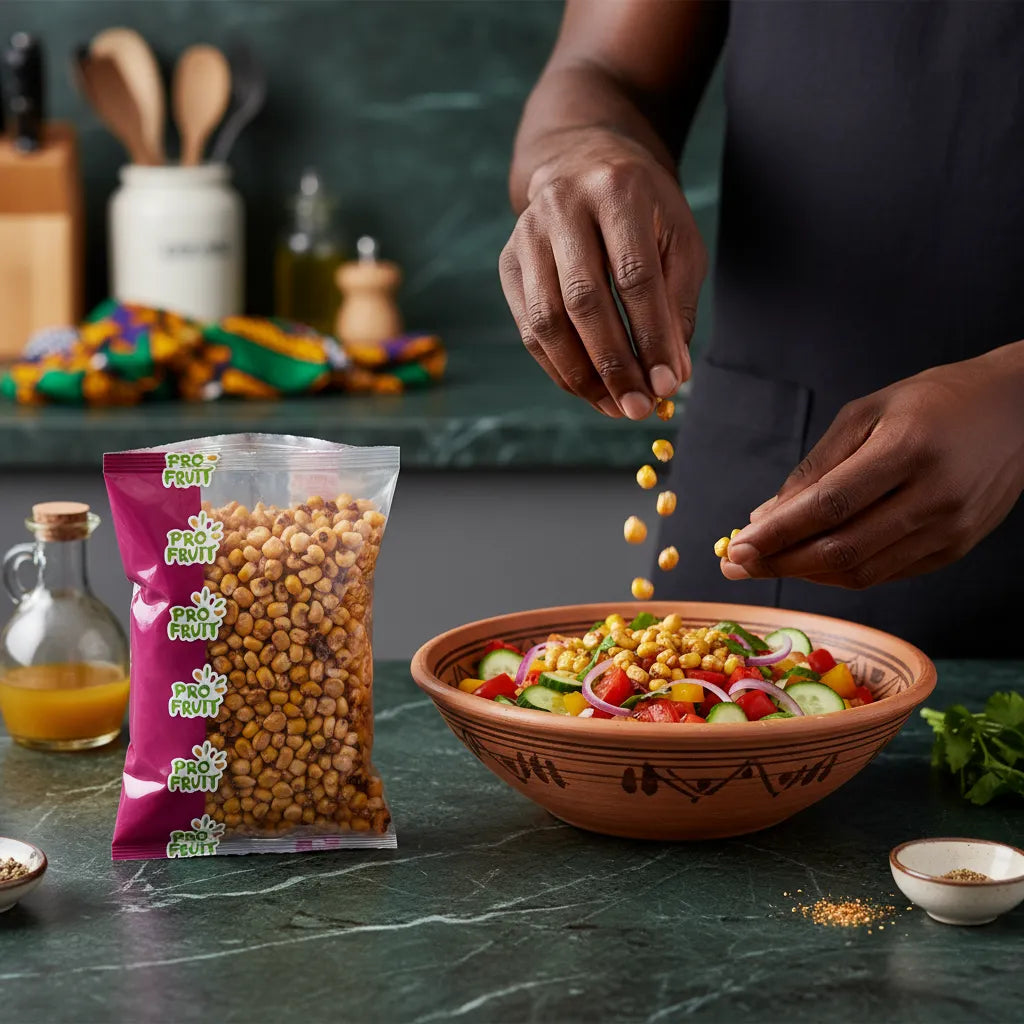 Main saupoudrant du maïs grillé salé PROFRUIT sur une salade méditerranéenne, collation croquante pour plats équilibrés.