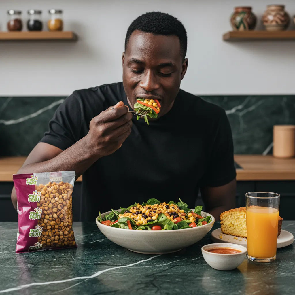 Homme dégustant une salade garnie de maïs grillés salés PROFRUIT, collation croquante parfaite pour enrichir les repas sains.