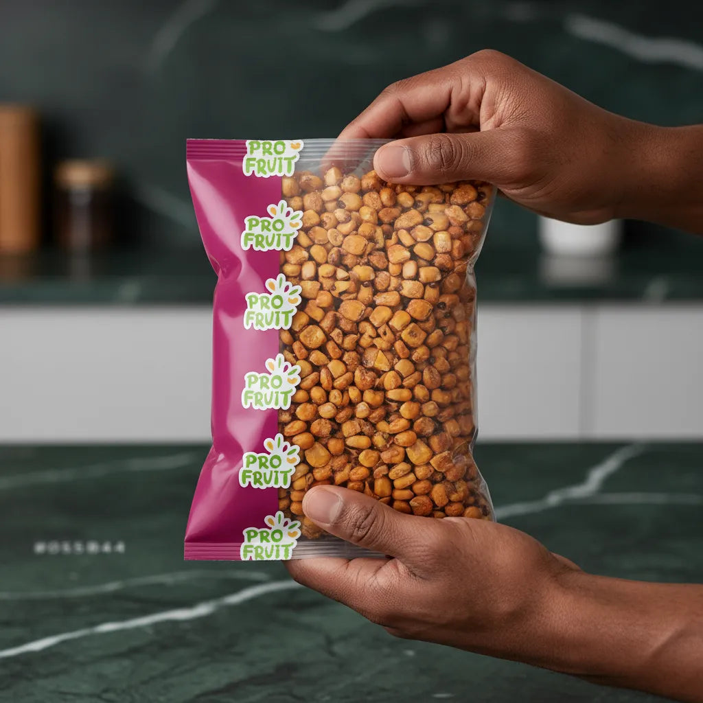 Main tenant un sachet de maïs grillés salés PROFRUIT, snack croquant et salé parfait pour les pauses gourmandes.