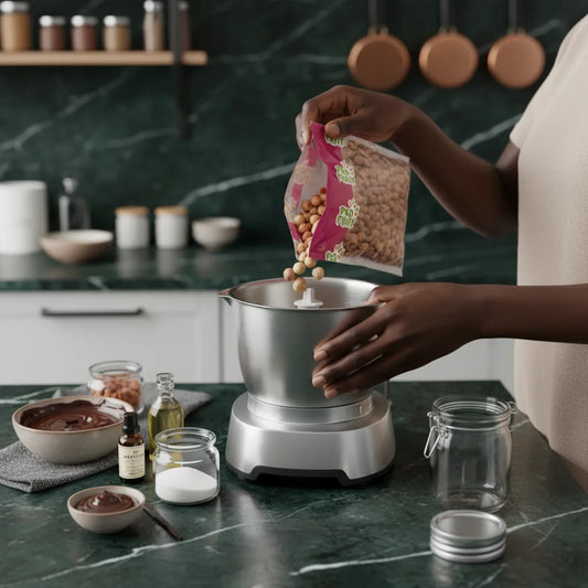 Noisettes crues PROFRUIT versées dans un mixeur, ingrédient idéal pour recettes maison saines comme pâtes à tartiner ou desserts.