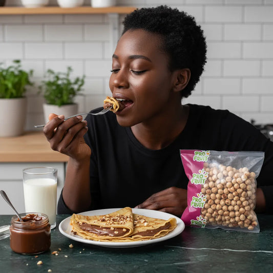 Femme dégustant des crêpes garnies de noisettes crues PROFRUIT, collation nutritive parfaite pour un petit-déjeuner équilibré et gourmand.