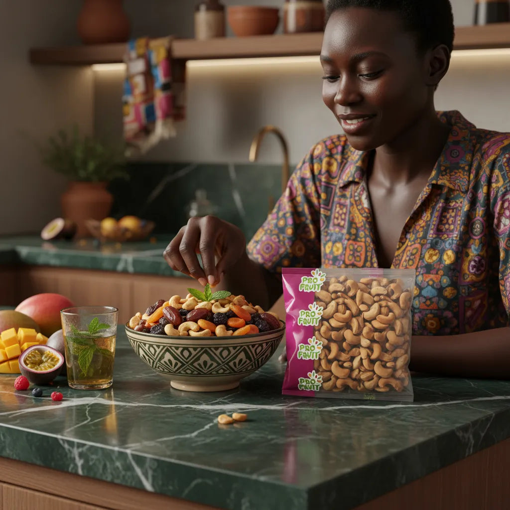 Femme dégustant un mélange de fruits secs avec noix de cajou grillées PROFRUIT, en-cas sain et gourmand pour tous les moments.