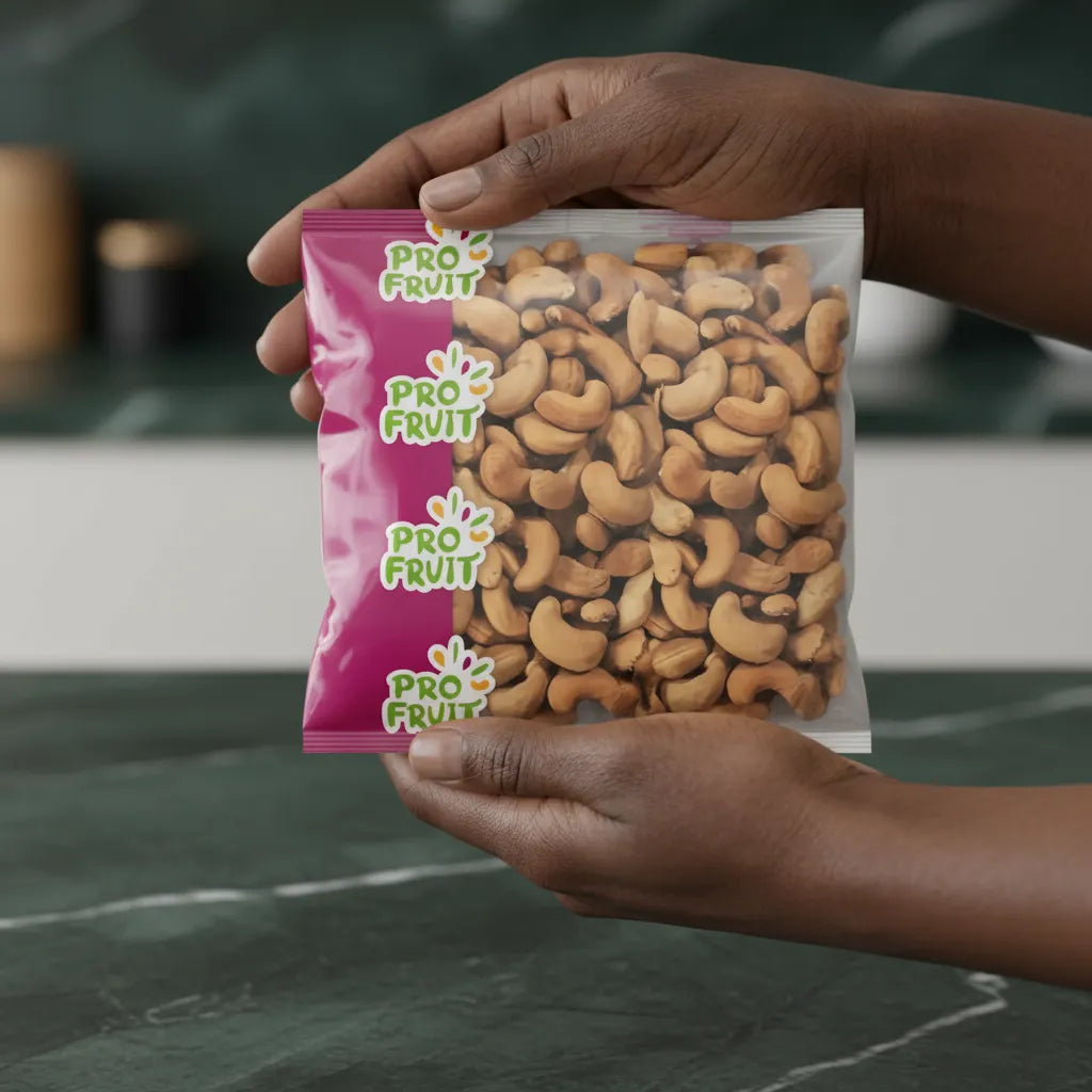 Main tenant un sachet de noix de cajou grillées salées PROFRUIT, parfait pour une pause croquante et salée dans la journée.
