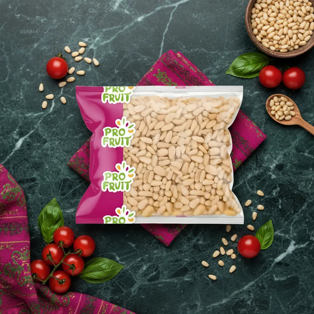 Sachet de pignons de pin PROFRUIT posé sur table en marbre avec tomates cerises et basilic, graines comestibles à texture tendre pour recettes variées.