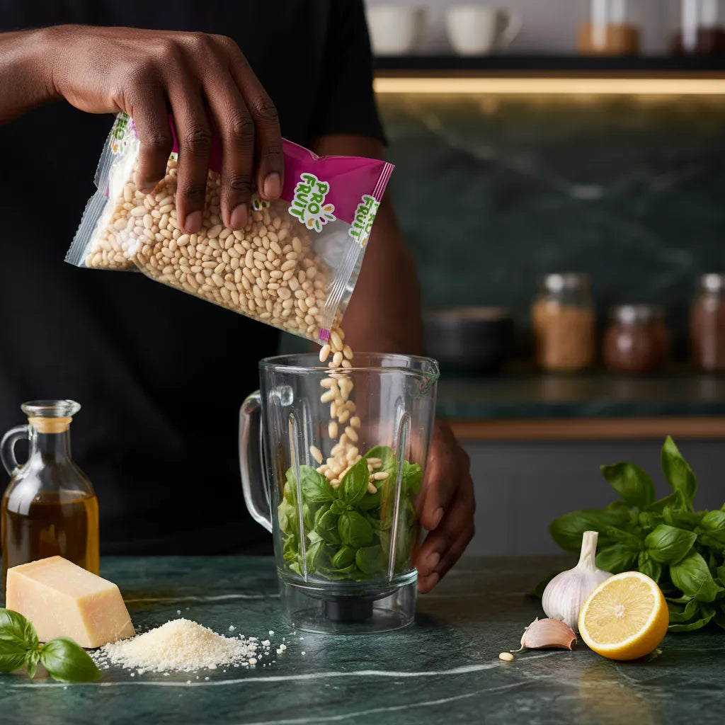 Préparation de pesto avec pignons de pin PROFRUIT versés dans un mixeur, graines comestibles à texture tendre pour cuisine maison.