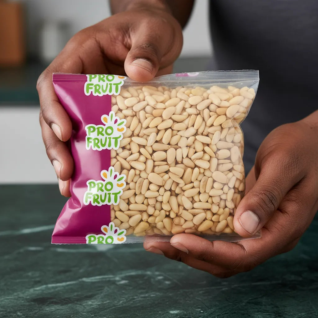 Main tenant un sachet de pignons de pin PROFRUIT, graines comestibles à texture tendre idéales pour enrichir plats salés ou sucrés.