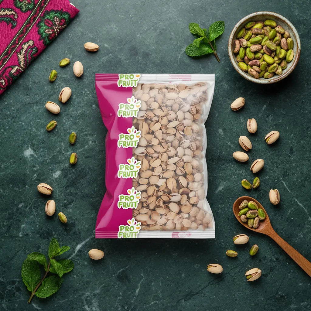 Pistaches PROFRUIT en sachet sur table avec pistaches décortiquées et herbes, parfaites pour une collation saine ou une touche gourmande.