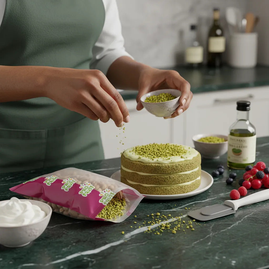 Utilisation des pistaches grillées PROFRUIT pour décorer un gâteau, illustrant leur polyvalence en cuisine sucrée ou salée.