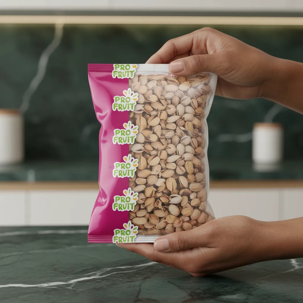 Main tenant un sachet de pistaches grillées salées PROFRUIT, produit prêt à consommer, parfait pour les amateurs de fruits secs.