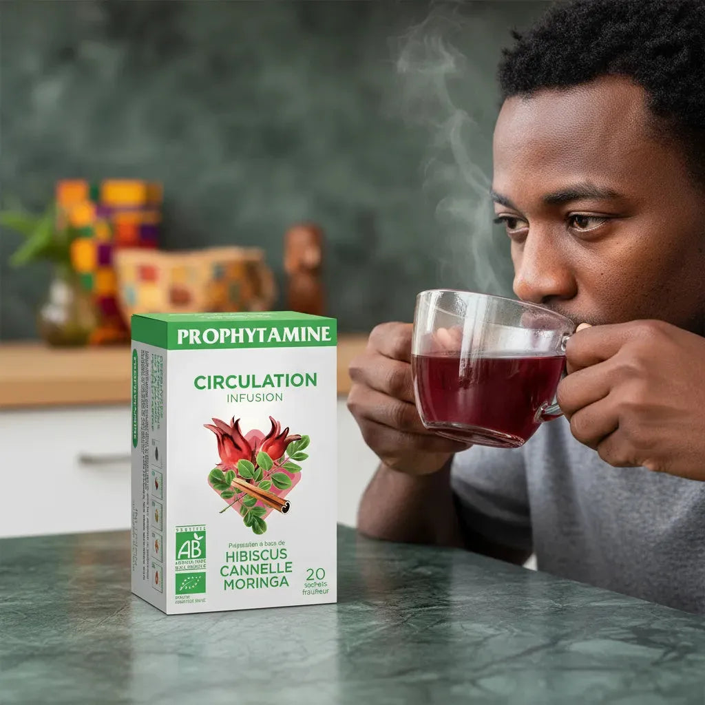 Homme dégustant une tasse d'infusion circulation bio PROPHYTAMINE, idéale pour soutenir la circulation avec hibiscus, moringa et cannelle bio.