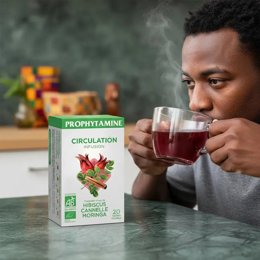 Homme dégustant une tasse d'infusion circulation bio PROPHYTAMINE, idéale pour soutenir la circulation avec hibiscus, moringa et cannelle bio.