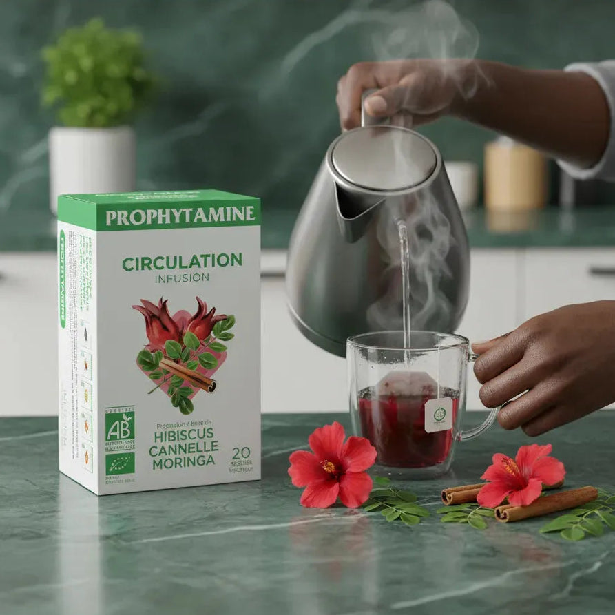 Préparation d'une infusion circulation bio PROPHYTAMINE avec eau chaude versée sur un sachet, accompagnée de fleurs d’hibiscus et bâtons de cannelle.