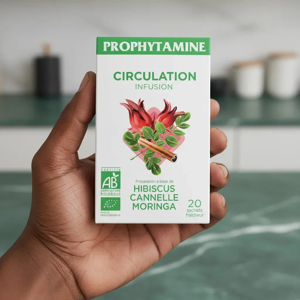 Main tenant une boîte d'infusion circulation bio PROPHYTAMINE, tisane naturelle à base d'hibiscus, moringa et cannelle, certifiée agriculture biologique.