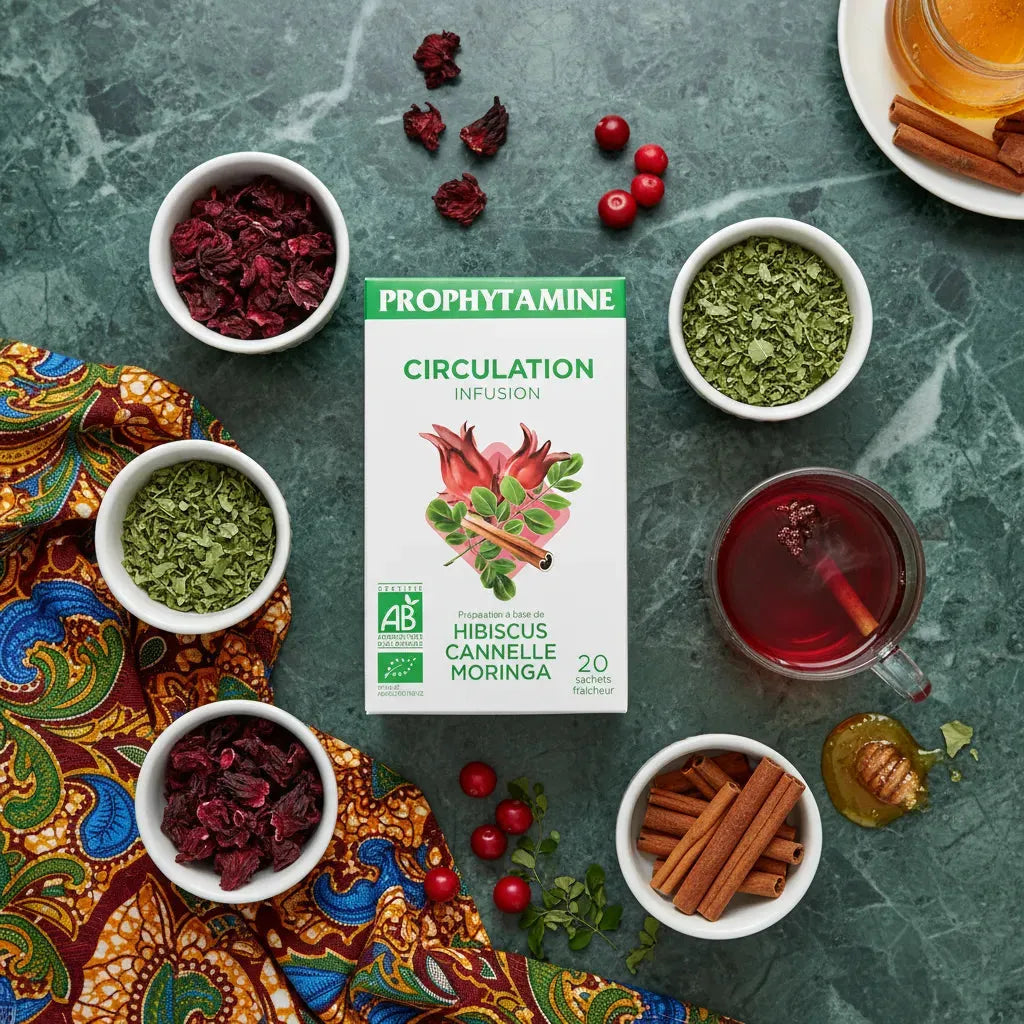 Infusion circulation bio PROPHYTAMINE entourée d'ingrédients naturels comme hibiscus, moringa et cannelle, sur fond de table verte pour tisane bien-être.