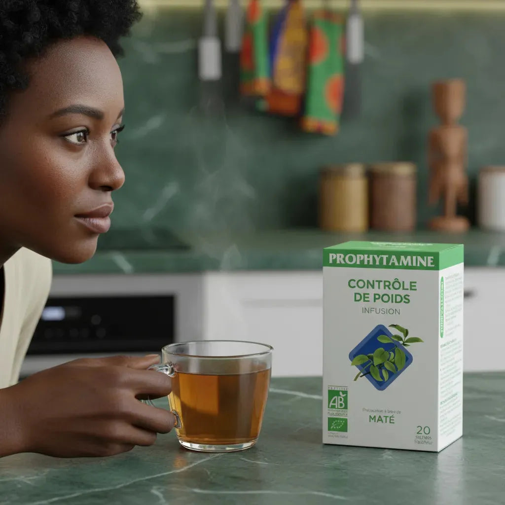 Femme dégustant une infusion BIO PROPHYTAMINE Contrôle de Poids dans une cuisine, mettant en avant un moment bien-être et perte de poids naturelle.