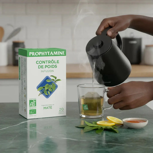Préparation d'une tasse d'infusion BIO PROPHYTAMINE Contrôle de Poids avec eau chaude, citron et feuilles de maté, dans une cuisine moderne.