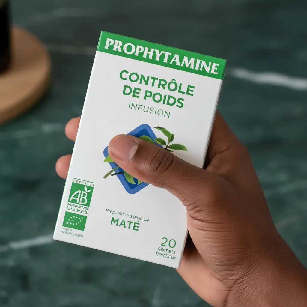 Main tenant une boîte d'infusion BIO PROPHYTAMINE Contrôle de Poids, idéale pour accompagner un mode de vie sain et favoriser la perte de poids naturellement.