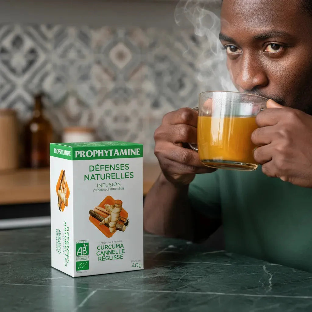 Homme dégustant une infusion chaude BIO PROPHYTAMINE, idéale pour renforcer les défenses naturelles grâce au curcuma et à la réglisse.