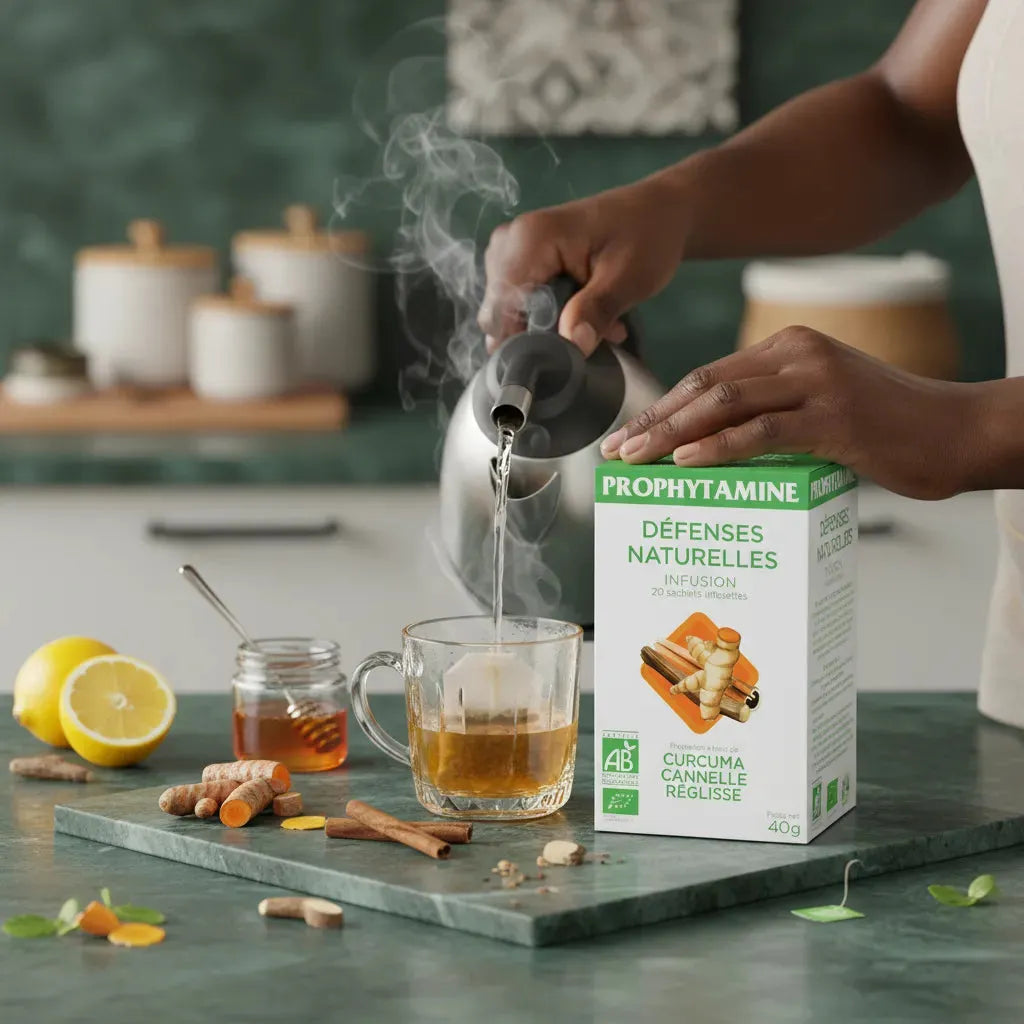 Préparation d'une tasse d'infusion Immunité BIO PROPHYTAMINE avec eau chaude, citron, miel et racines de curcuma sur une table de cuisine.