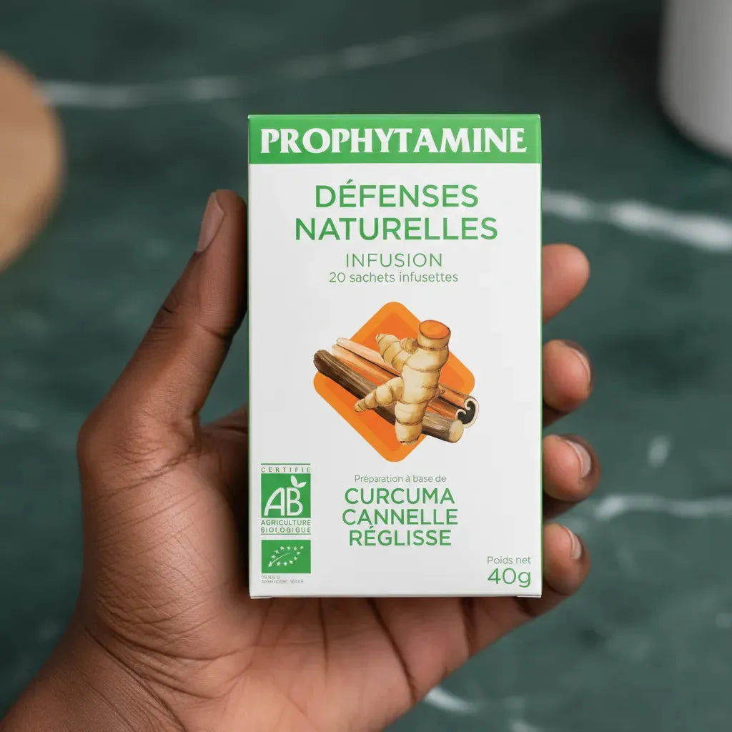 Main tenant une boîte d'infusion BIO PROPHYTAMINE Défenses Naturelles, préparation à base de plantes pour soutenir le système immunitaire.