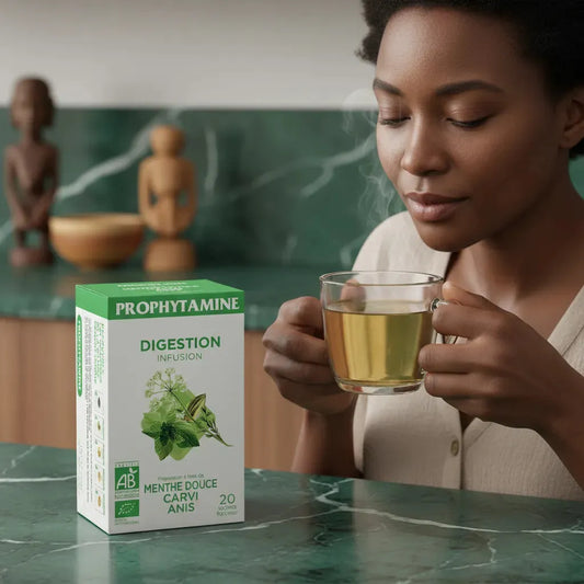 Femme dégustant une tasse d'Infusion Digestion BIO PROPHYTAMINE, infusion bio aux plantes digestives pour un moment de détente et de confort.