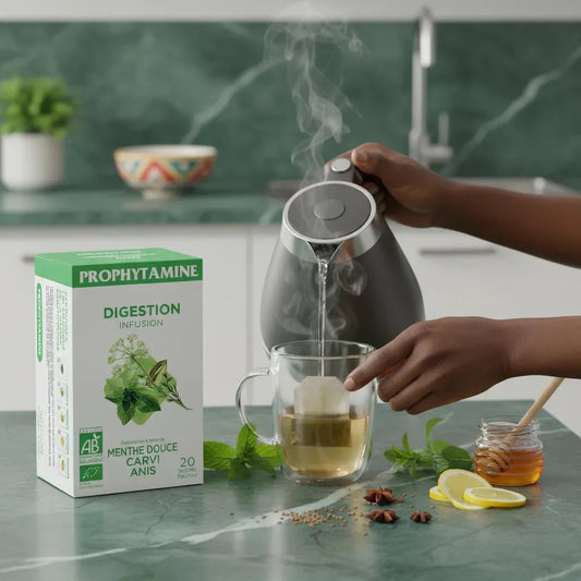 Préparation d'une tasse d'Infusion Digestion BIO PROPHYTAMINE avec eau chaude, citron, miel et plantes digestives pour un transit harmonieux.