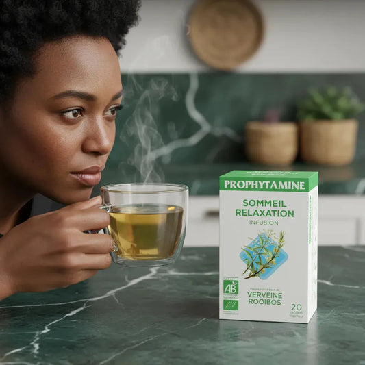 Femme dégustant une tasse d'Infusion Sommeil Relaxation BIO PROPHYTAMINE, idéale pour une détente naturelle avant le coucher.