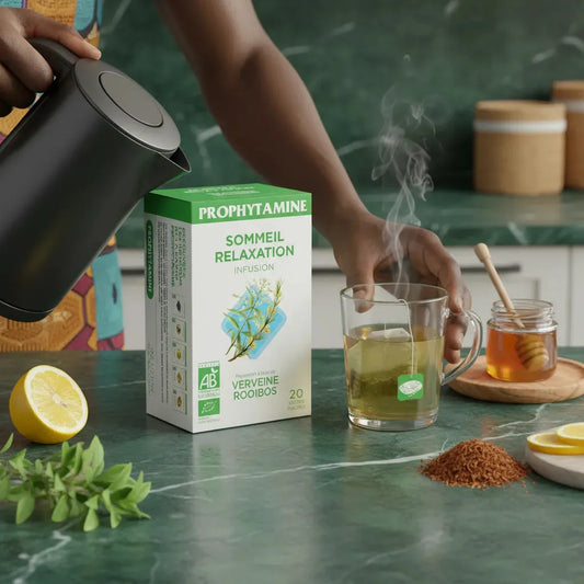 Préparation d'une tasse d'Infusion Sommeil Relaxation BIO PROPHYTAMINE avec eau chaude, miel, citron et rooibos sur plan de travail vert.