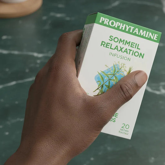 Main tenant une boîte d'Infusion Sommeil Relaxation BIO PROPHYTAMINE, infusion bio à base de verveine et rooibos pour favoriser le sommeil.