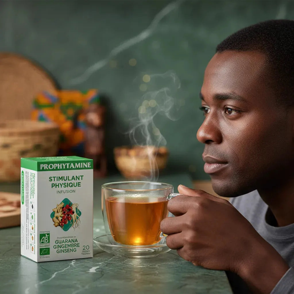 Homme dégustant une tasse d'infusion BIO PROPHYTAMINE stimulante, idéale comme alternative naturelle aux boissons énergisantes.