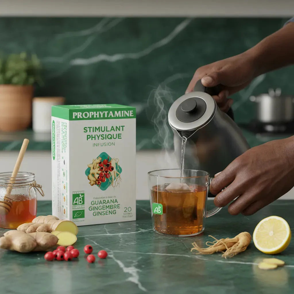 Préparation d'une infusion BIO PROPHYTAMINE avec eau chaude, citron, gingembre et miel. Boisson énergisante naturelle et bio.