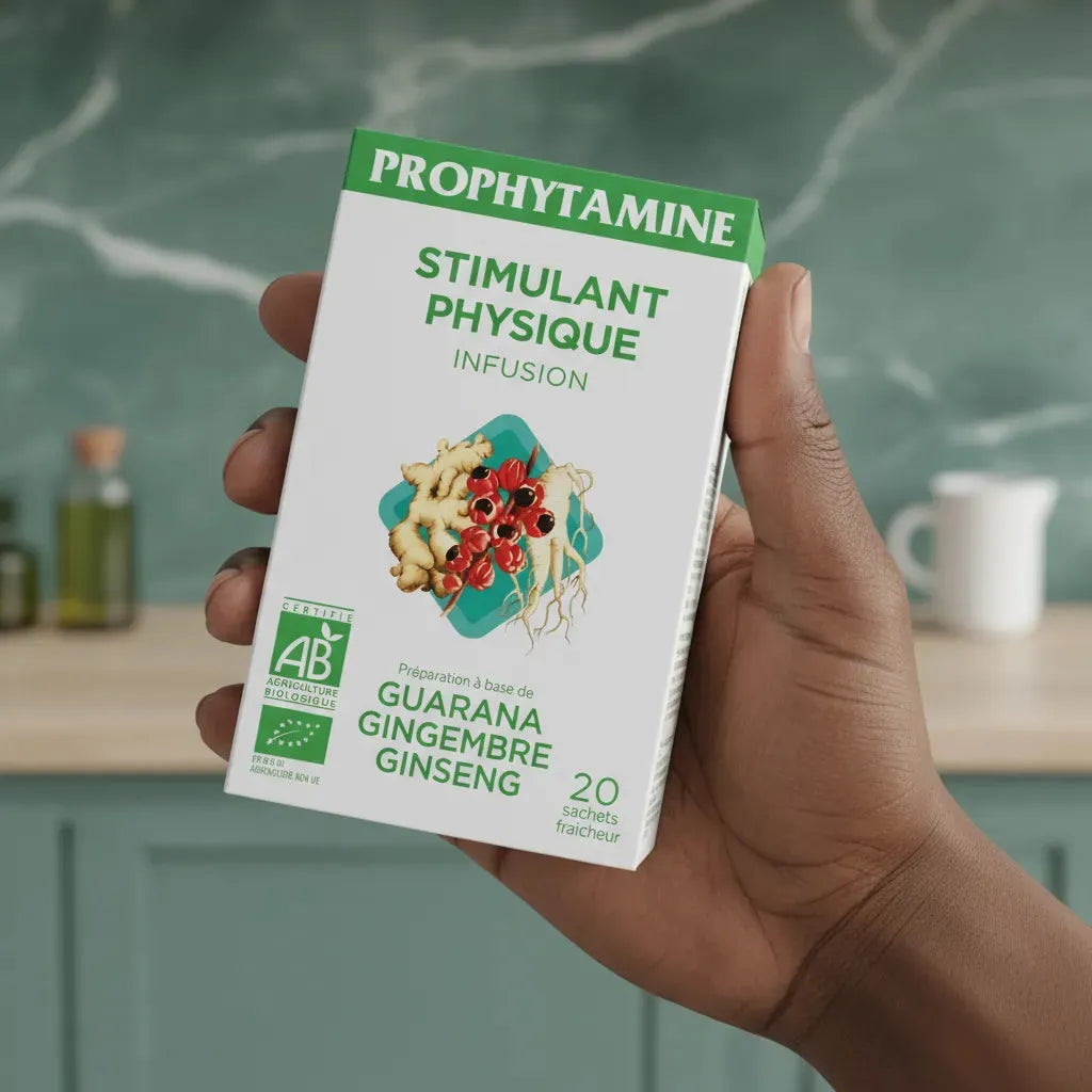 Main tenant une boîte d'infusion BIO PROPHYTAMINE stimulante à base de plantes bio comme le guarana, gingembre et ginseng.