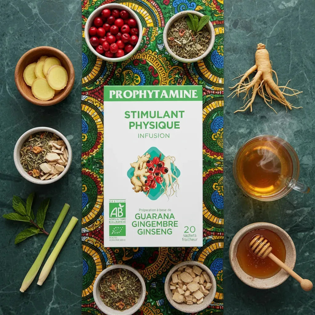 Infusion BIO PROPHYTAMINE stimulante entourée d'ingrédients naturels comme gingembre, ginseng, citronnelle et miel sur fond coloré.