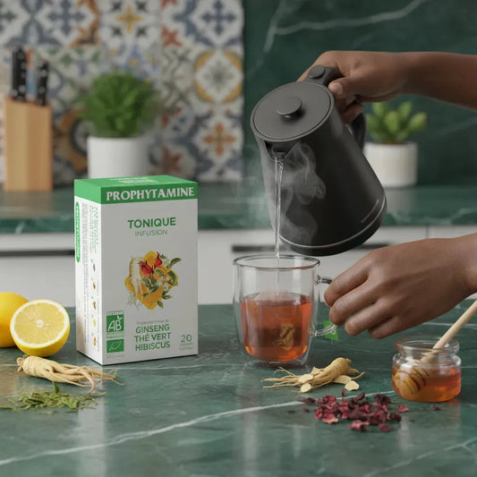 Préparation d'une tasse d'Infusion Tonique BIO PROPHYTAMINE avec eau chaude, citron, miel, ginseng et hibiscus sur plan de travail.