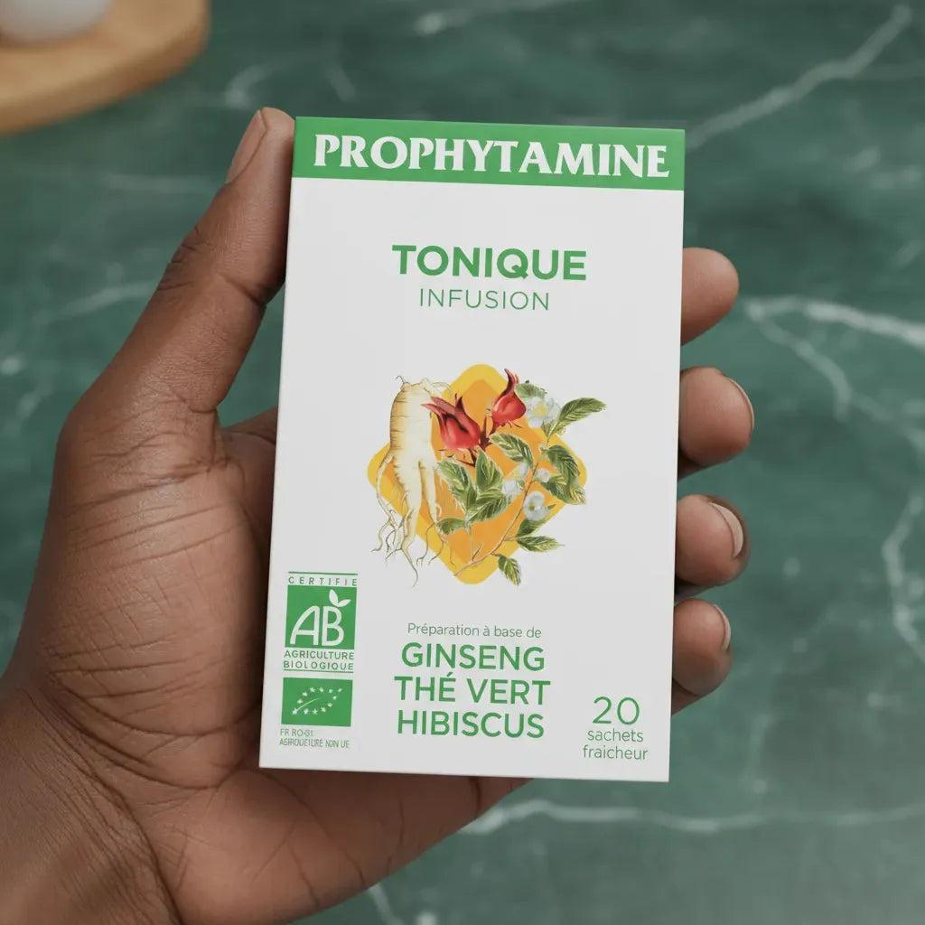Main tenant une boîte d'Infusion Tonique BIO PROPHYTAMINE, mélange bio de ginseng, thé vert et hibiscus, 20 sachets fraîcheur.